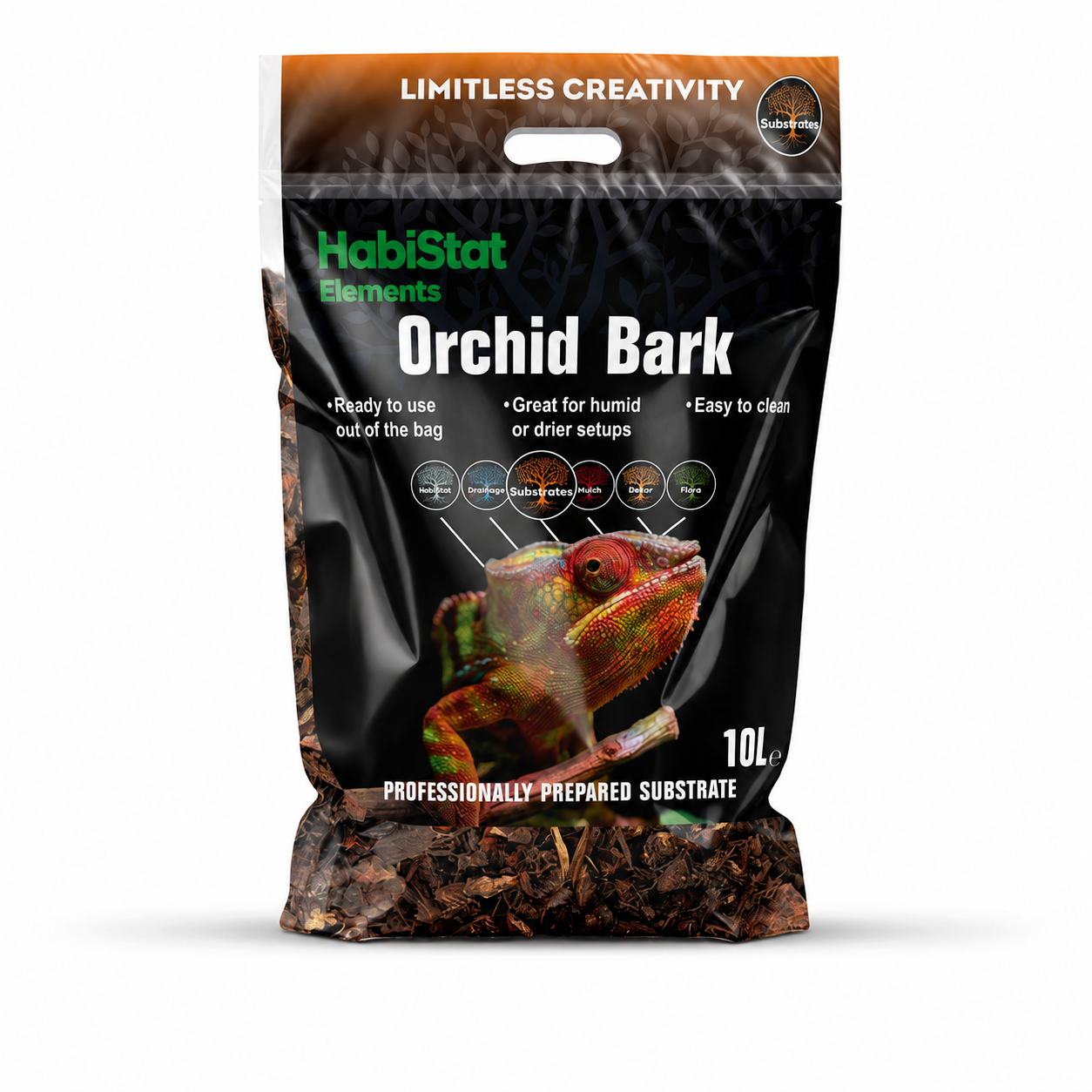 Face avant du substrat en écorces HabiStat Elements Orchid Bark 10 L pour terrarium