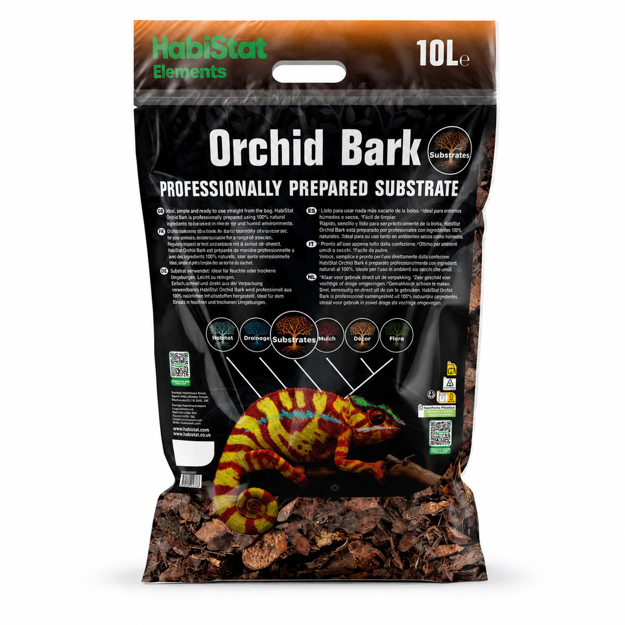 Face arrière du substrat HabiStat Elements Orchid Bark 10 L avec les informations du fabricant