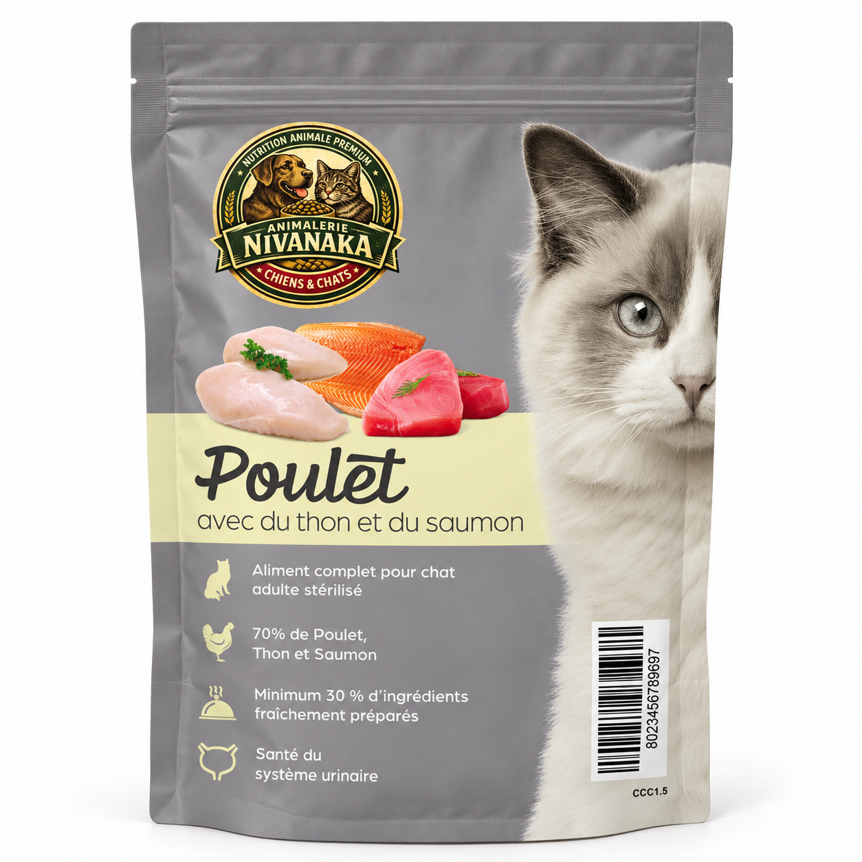 Sachet de croquettes Nivanaka au poulet, thon et saumon pour chat adulte stérilisé