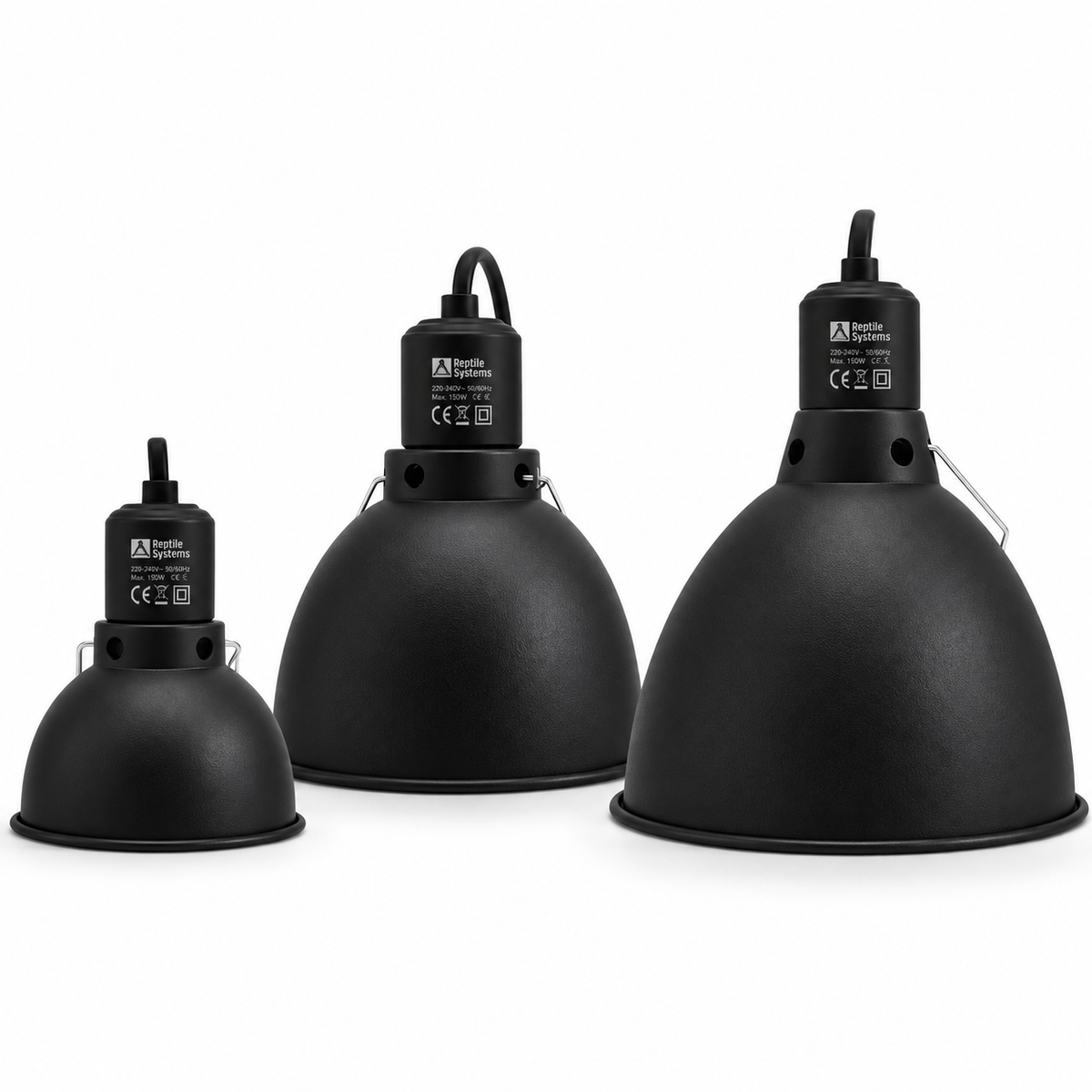 Trois réflecteurs noirs Reptile Systems Clamp Lamp en tailles Small, Medium et Large pour terrarium